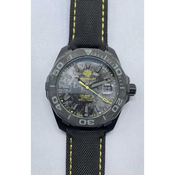 AquaRacer Calibre 5 DLC Case CF Bezel Yellow Numbers Nylon Strap A2824